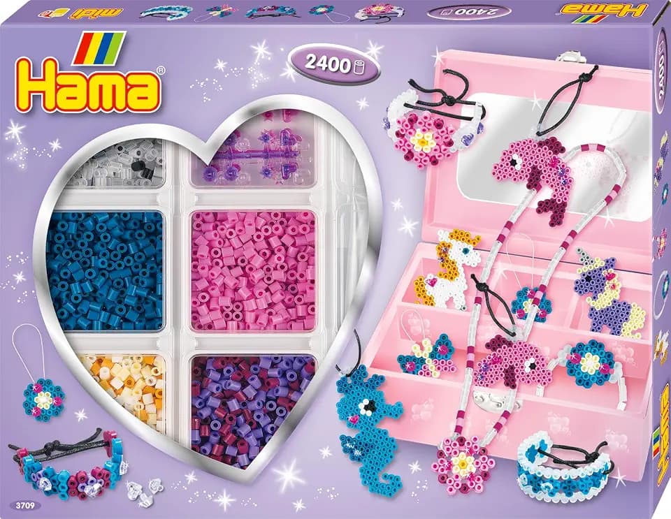 Hama Perlen 3709 Kreativbox Accessoires mit ca. 2.400 bunten Midi Bügelperlen mit Durchmesser 5 mm, Stiftplatte und Zubehör, inkl. Bügelpapier, kreativer Bastelspaß für Groß und Klein