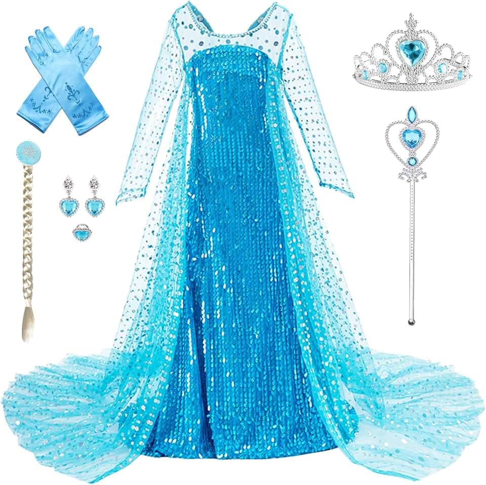 Princess Dress for Girls Halloween Cosplay Fancy Dress Princess Costume Blue Sparkly Princess Dress Up Birthday Outfit