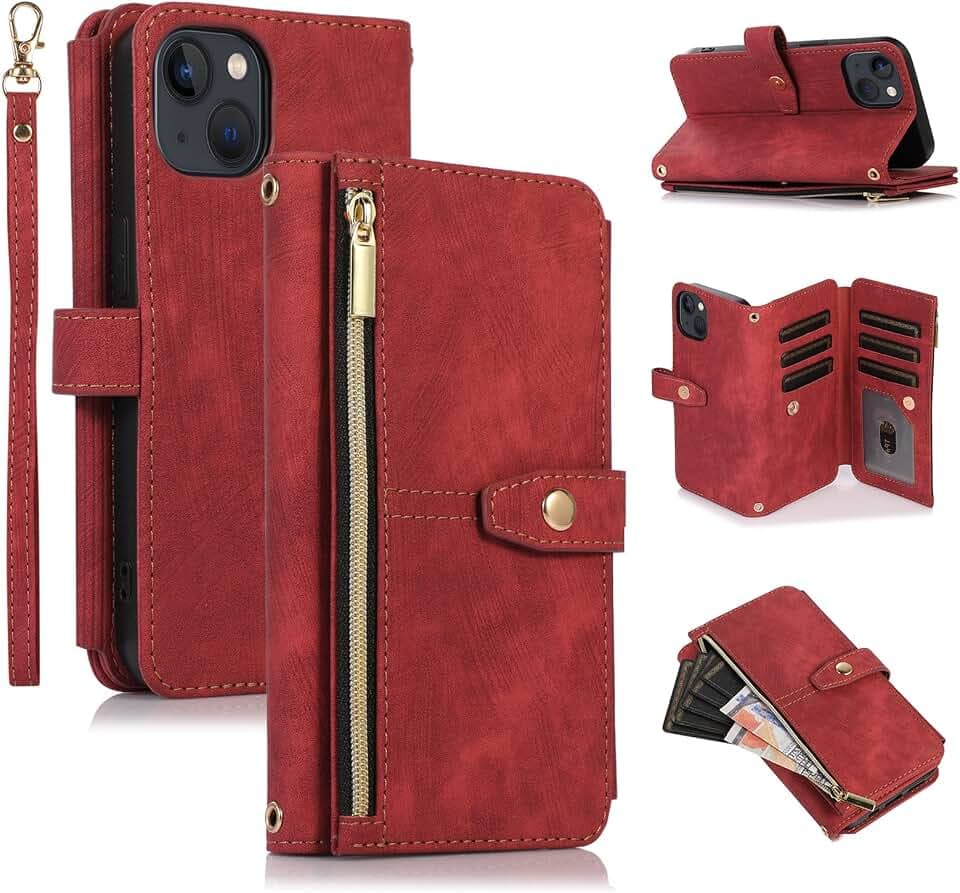 UEEBAI Case for iPhone 13 iPhone 14 6.1 inch, 9 Card Slots Retro Leather Wallet Shockproof Flip Cover with Hand Strap Card Slots Zipper Pocket Kickstand Handbag Magnetic Closure - Retro Red Wine