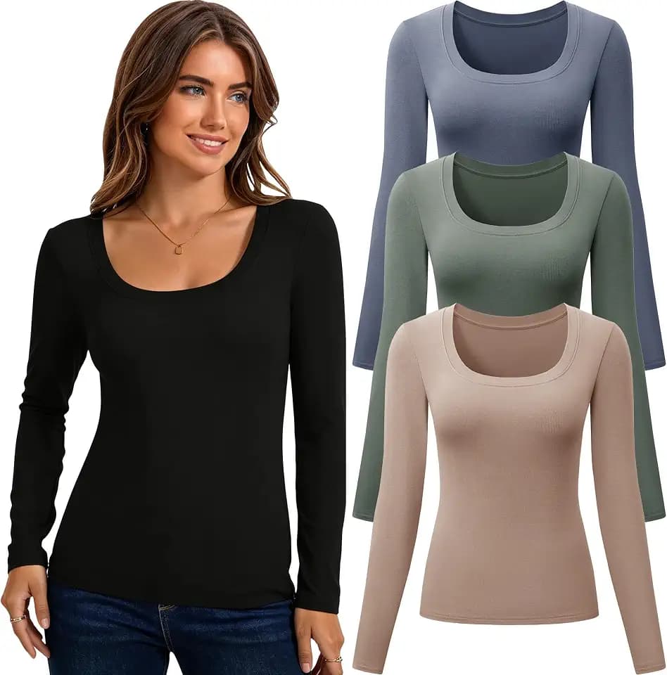 Langarmshirt Damen U-Ausschnitt Basic Figurbetont Shirt 3Pcs