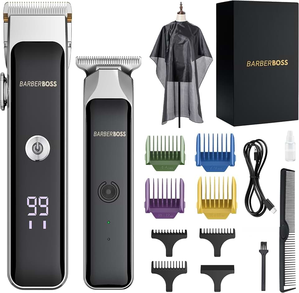 BarberBoss Tragbarer Bart- & Haarschneider, Gesichtshaarschneider für Männer mit Keramikklinge, Präzisions-Zifferblatt, Führungskämme, USB-Aufladung, Rot/Grün Anzeige, QR-2682