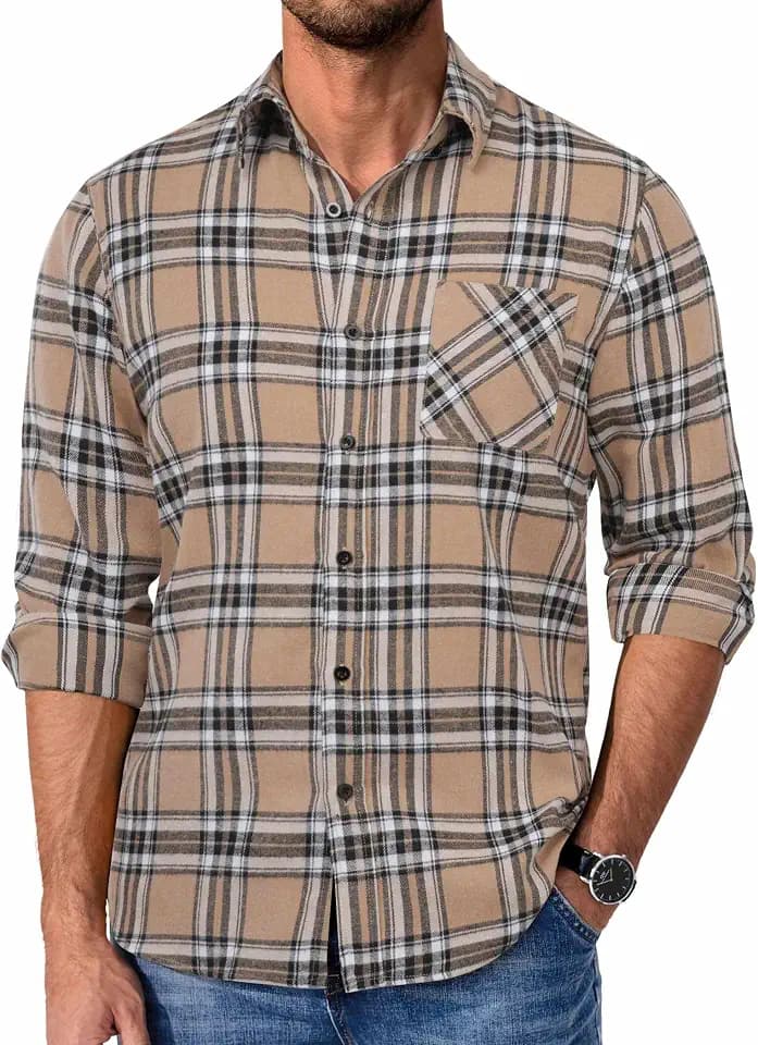 COOFANDY Mens Flannel Shirts Long Sleeve Plaid Button Down Shirt Casual Cotton Shirt with Pocket