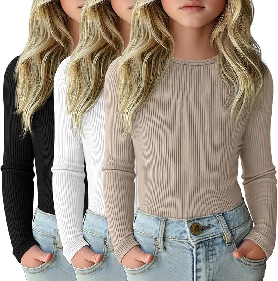 3 Pack Girls 95% Cotton Ribbed Long Sleeve Shirts