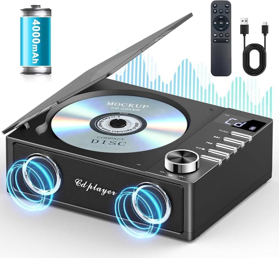 Greadio CD Player Tragbar mit Bluetooth 5.3, 4000mAh Wiederaufladbarer CD-Player mit Fernbedienung, HiFi-Sound-Lautsprecher, unterstützt USB, TF, AUX, LED-Display für Zuhause/Auto/Geschenk