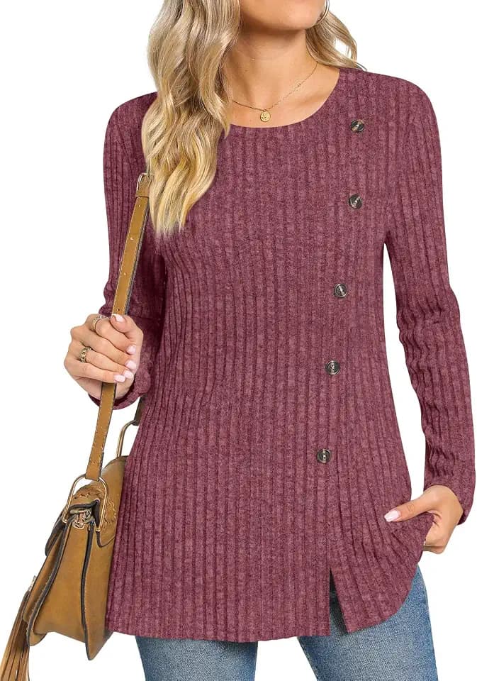 TAOHUADAO Damen Langarm Pullover Rundhals Tunika Tops mit Knopfleiste Seiten Lose Casual Herbst Sweater Shirts für Leggings