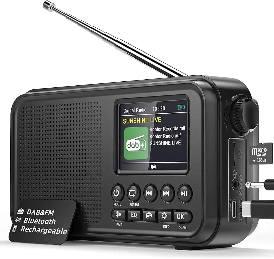 Tragbares DAB+ Radio mit Bluetooth, UKW/DAB Digitalradio mit 2,4" Farbdisplay, 80 Senderspeicher, 3000mah Akku oder Netzbetrieb, Support TF-Karte/Wecker/Sleeptimer/Klinken, Für Küche, Camping, Garten