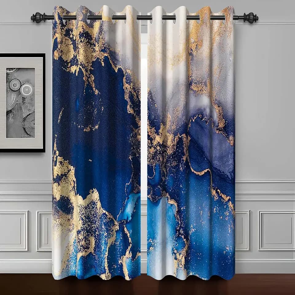 Blue and Gold Marble Window Curtains Gold Texture Print Blackout Marble Grommet Curtain Modern Luxury Gold Crack Darkening Drape for Living Room Bedroom 2 Panels 21x63 Inch