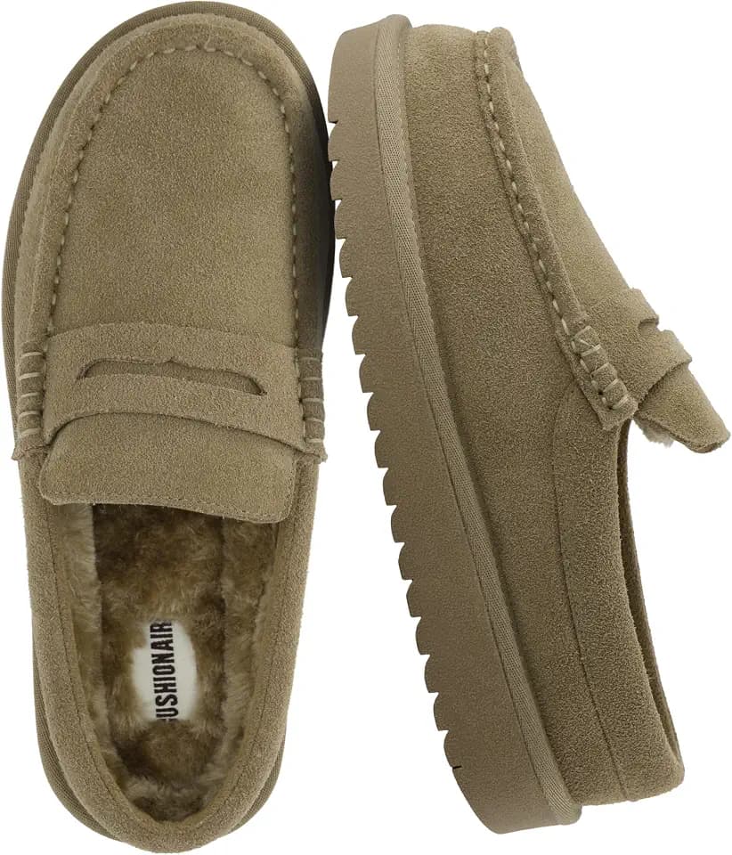 CUSHIONAIRE Ollie Cozy Genuine Suede Clogs for Women, Comfortable Slip-On Mule Loafers with Faux Fur Lining, Memory Foam Cushioning and Durable Rubber Sole