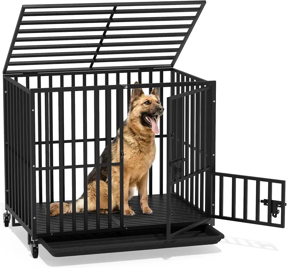 DWVO 38 Inch Heavy Duty Dog Crate with Lockable Wheels & Removable Trays