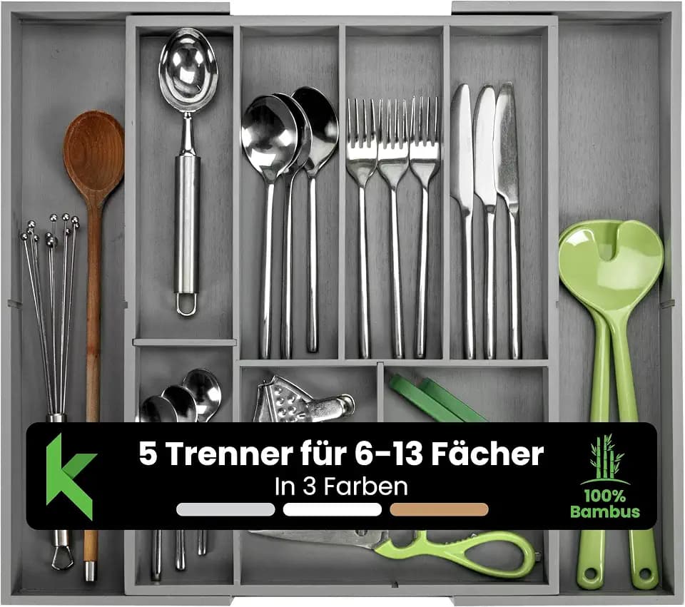 Besteckkasten für Schubladen aus hochwertigem Bambus - Besteckeinsatz mit 5 herausnehmbaren Teilern [6 bis 13 Fächer] - Schubladeneinsatz mit Anti-Rutsch Noppen und Länge von 34 bis 50 cm (Grau)
