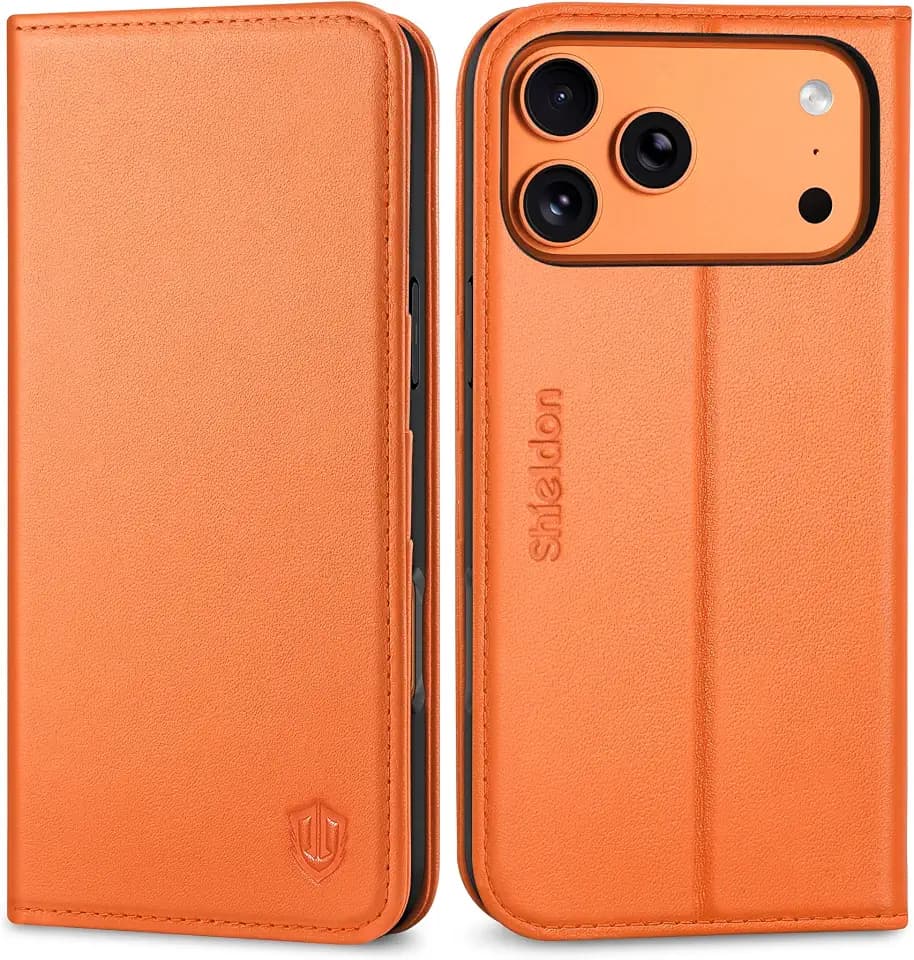 SHIELDON Real Leather Wallet Case for iPhone 18 Pro Max/17 Pro Max, Orange