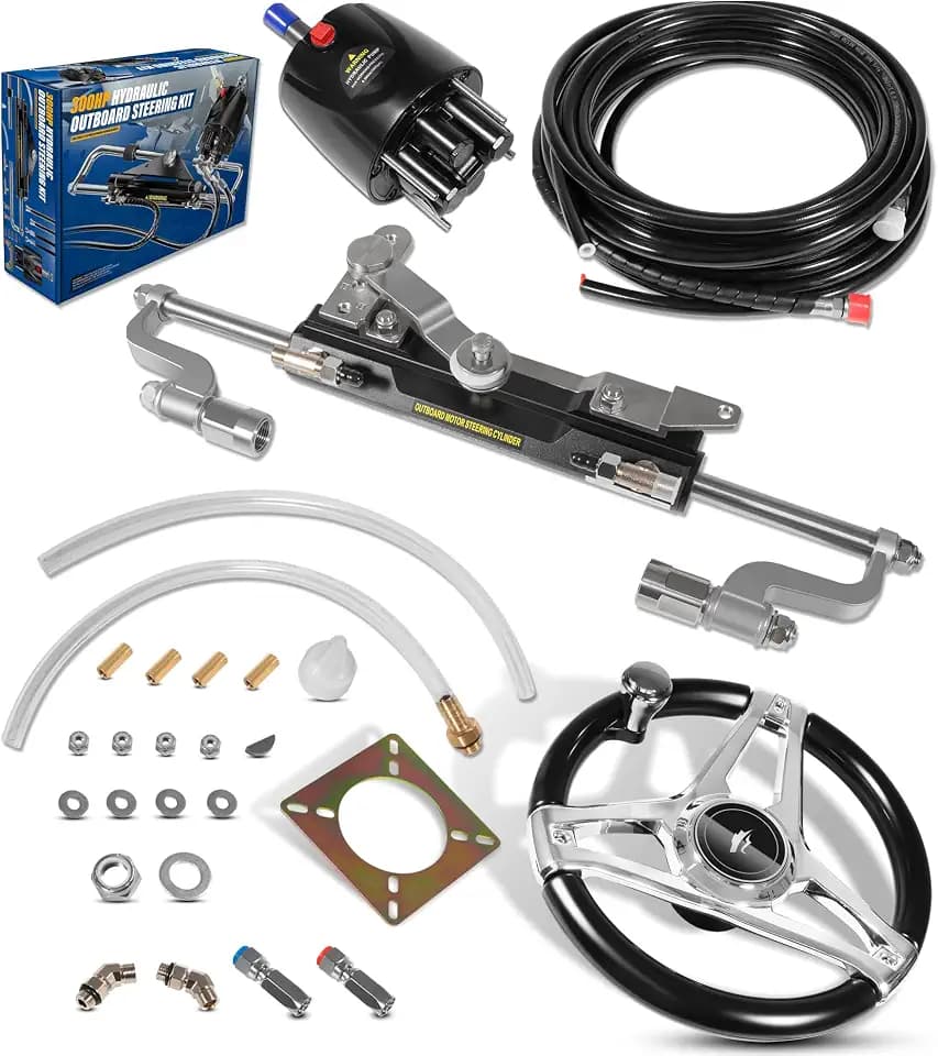 300HP Boat Outboard Hydraulic Steering System Kit with Durable Aluminum Alloy Steering Wheel, Hydraulic Steering Cylinder, Helm Pump, Tubing & Rubber Hose Fits for Most Single-Outboard Powered Boats