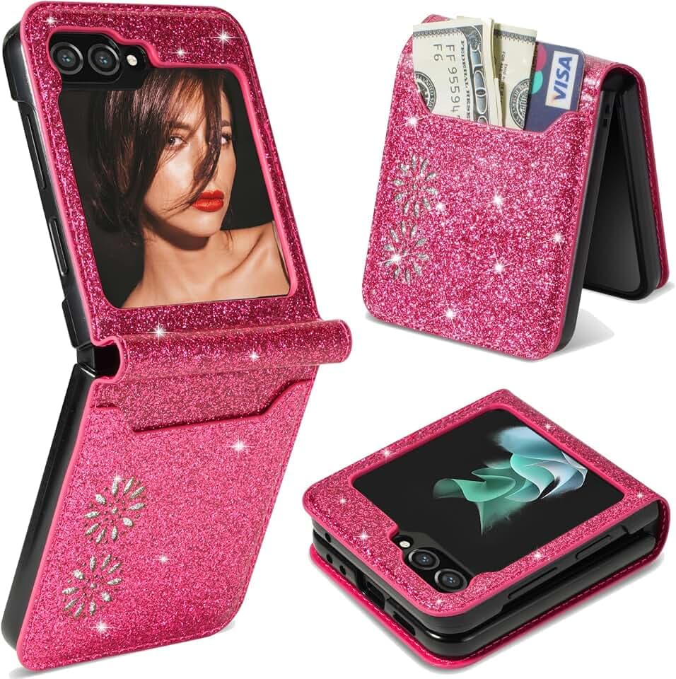 Ysnzaq Brieftasche Hülle für Samsung Galaxy Z Flip 5 6.7", Bling Glitzer Stoßfest Premium PU Leder mit Kartenfach Handyhülle für Samsung Galaxy Z Flip5.SF Pink