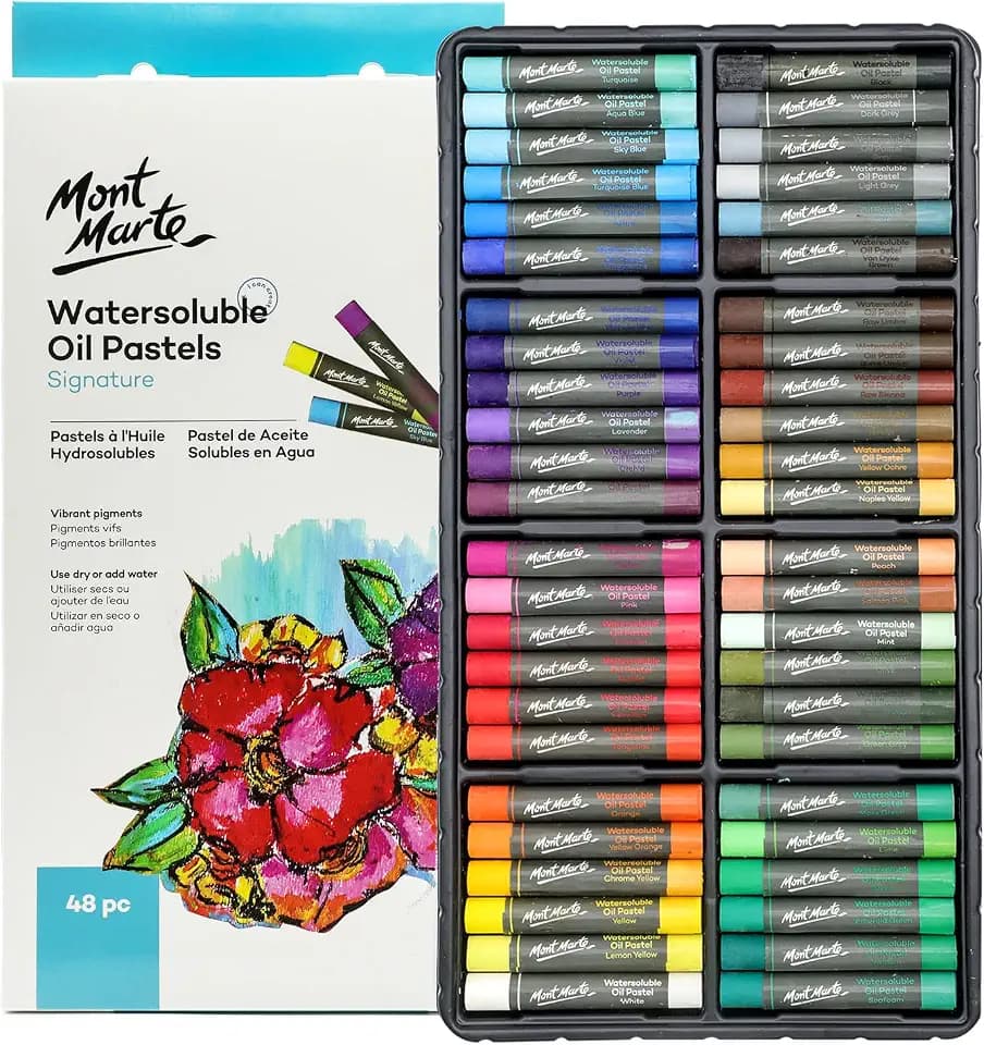 Mont Marte Watersoluble Oil Pastels Signature 48pc, 48 Assorted Colors, Great Blending and Layering, Comes in Storage Case, Ideal for Art, Craft, Coloring and Sketching