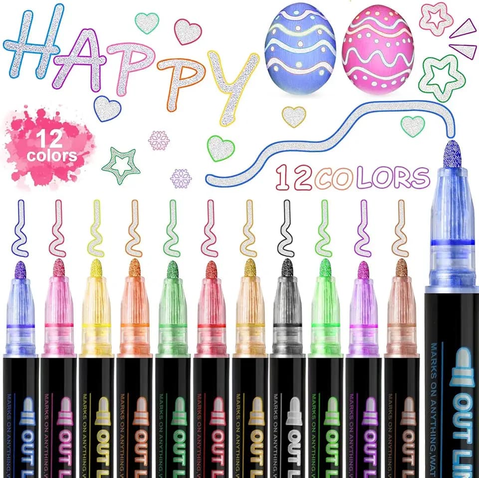 Huahuanghui Outline Stift Set,12 Farben,Acrylstifte,Double Line Outline Pen