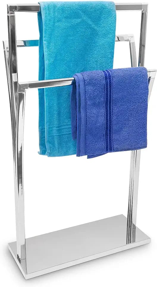 Relaxdays Handtuchständer geschwungen H x B x T: ca. 86 x 50 x 20 cm freistehender Handtuchhalter in Edelstahl-Optik mit 3 Handtuchstangen als Badehandtuchhalter und kleiner Kleiderbutler, silber