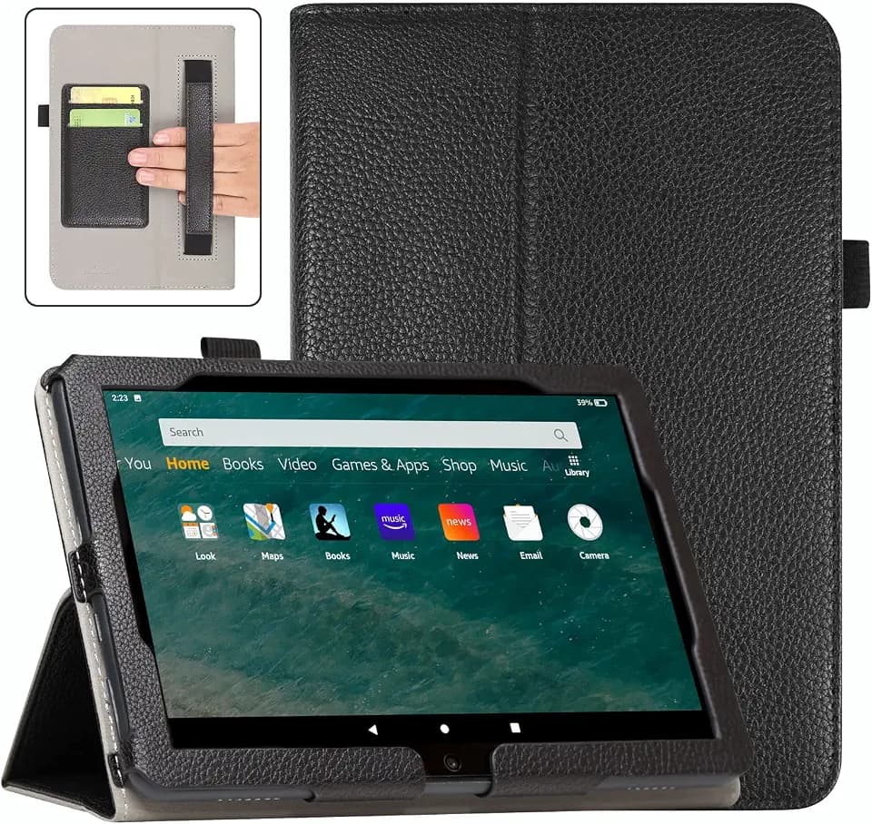ACdream Case for All-New Fire HD 8 & 8 Plus Tablet (12th Generation/10th Gen, 2022/2020 Release), Folio Leather Cover, Folding Stand, Auto Wake Sleep, Hand Strap, Card Slots, Black