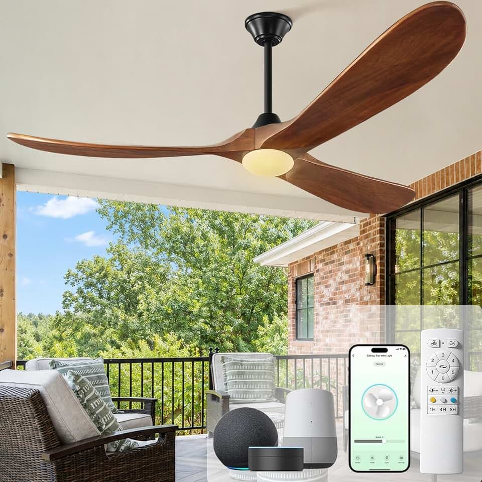 Outdoor Ceiling Fans with Lights-Glass Lamp, 60 inch Smart Ceiling Fan with WIFI Alexa and App Remote Control, Damp Rated Wood Propeller Blades for Patios & Porch, 3 Blades, High CFM 6 Speed, Walnut