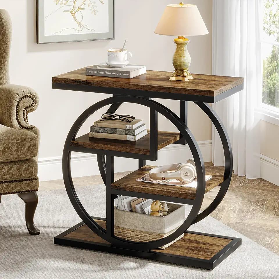Tribesigns End Table for Living Room, 4-Tier Narrow Side Table with Storage Shelves, Industrial Bedside Table for Bedroom, Wood Small Sofa Side Table with Geometric Metal Frame (1 PC, Rustic Brown)