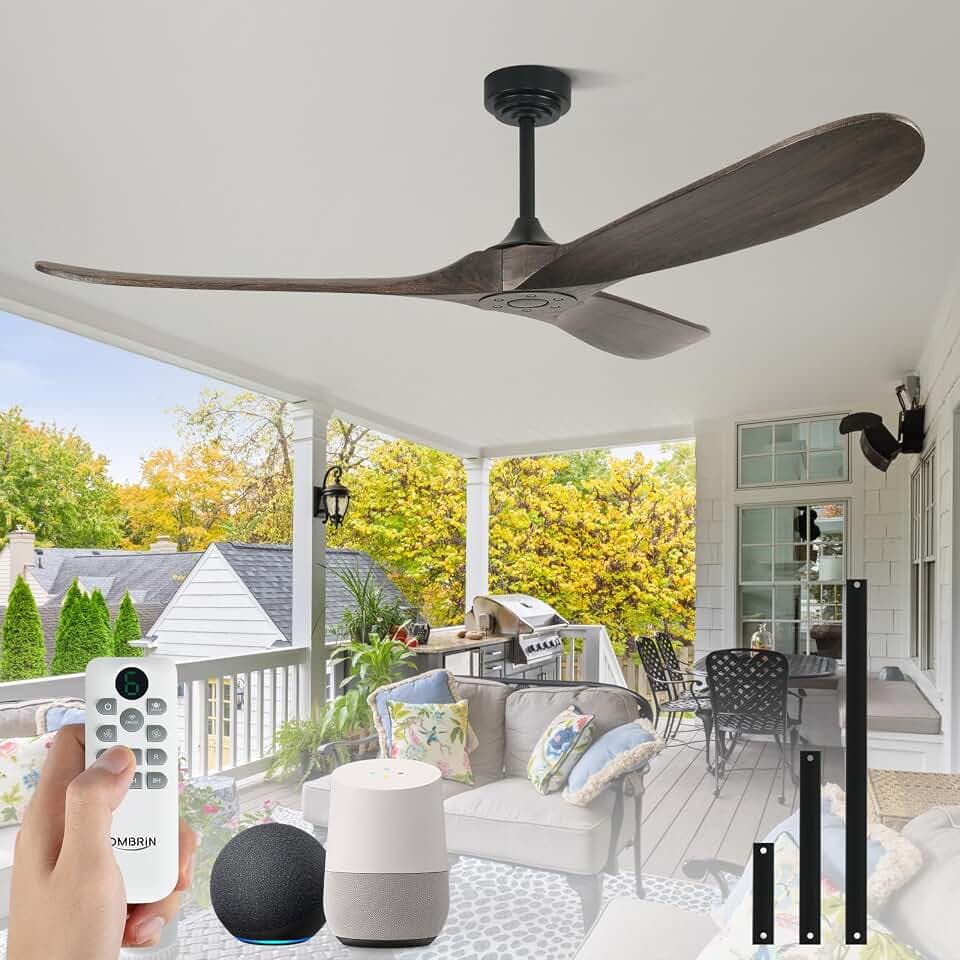 60" Wood Ceiling Fan no Light, Smart Ceiling Fans without Lights Voice Control Alexa, Indoor Outdoor Ceiling Fan no Light for Bedroom Porch Modern Propeller 3 Blade High CFM Motor, Deep Brown