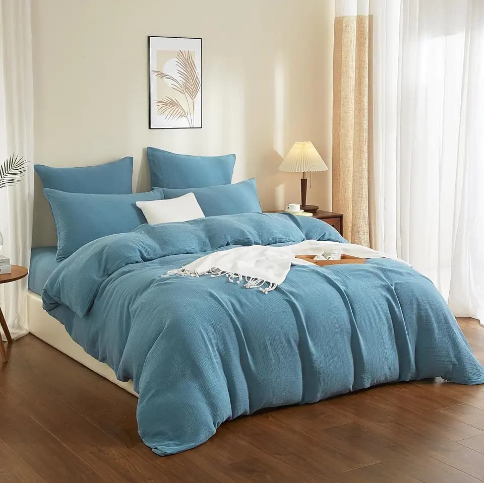 Doppelte Muslin Bettwäsche 220x240 Petrol 100% Baumwolle Bettwäsche Muslin Weich Atmungsaktiv Kuschelige Bettbezug Set 3 Teilig mit Reißverschluss und 2 Kissenbezüge 80x80 cm