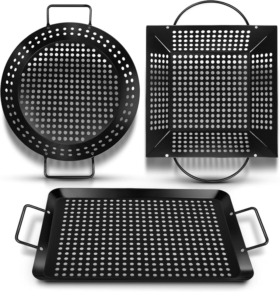 Qetumst Large 3 PCS Grill Basket Set for Outdoor Grill, Veggie Grilling Pan
