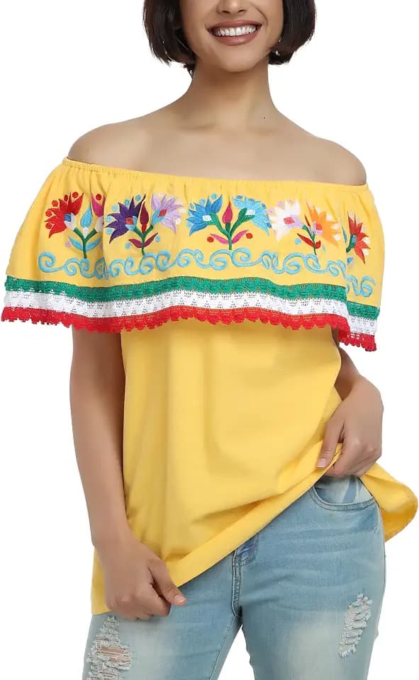 YZXDORWJ Women Mexican Embroidered Off-Shoulder Shirt Lace Falbala Top