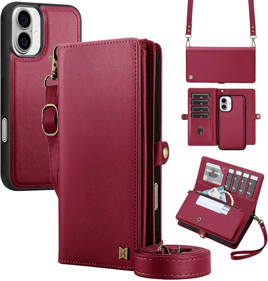 for Wallet Case Compatible with iPhone 16,Multi-Function Detachable 2 in 1 Magnetic iPhone 16 Case Wallet,Flip Strap Zipper Card Holder Phone Case with Shoulder Straps (Red)