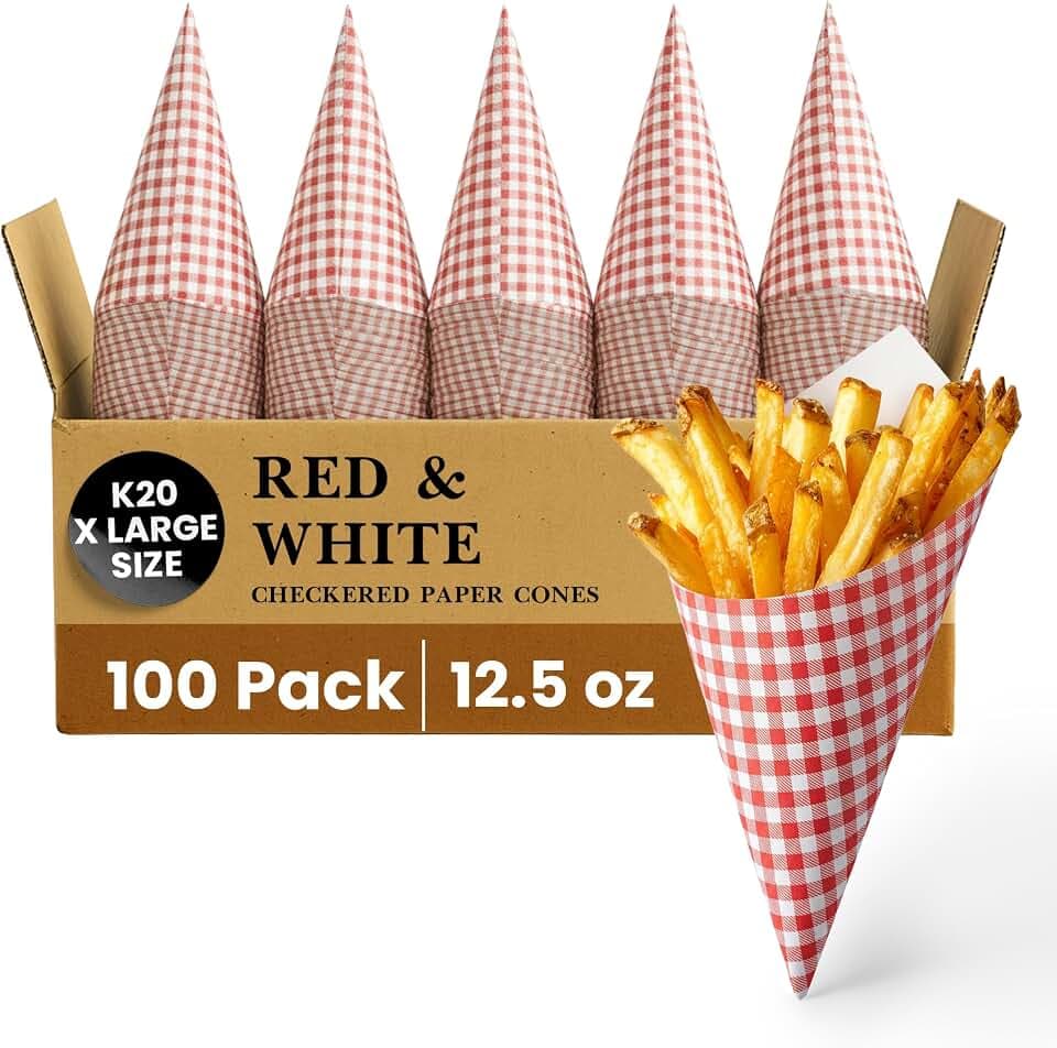 Friteshop Red & White Check Paper Cones K-20 X Large 12.5 oz - 100 Count