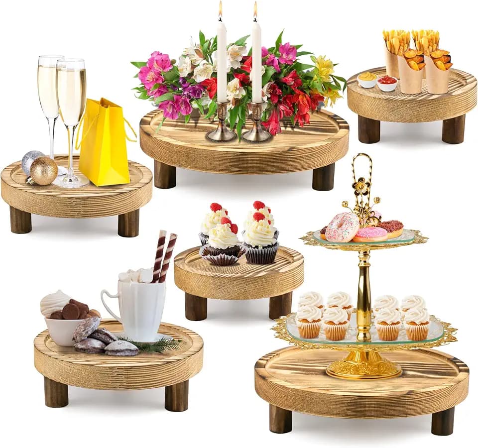 6PCS Wooden Risers for Display Wood Cake Stand for Party Round Food Risers for Buffet Wooden Holder Rustic Riser for Decor Tiered Tray Decor Home Kitchen (Light Brown, 6 PCS (8”, 6”, 5”))