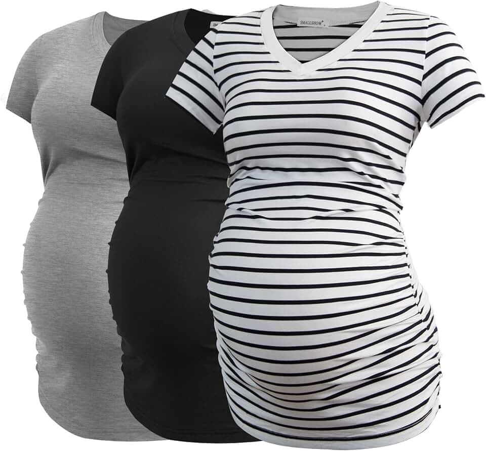 Smallshow Damen Umstandstop V Hals Schwangerschaft Seite Geraffte Umstandskleidung Tops T Shirt 3 Pack