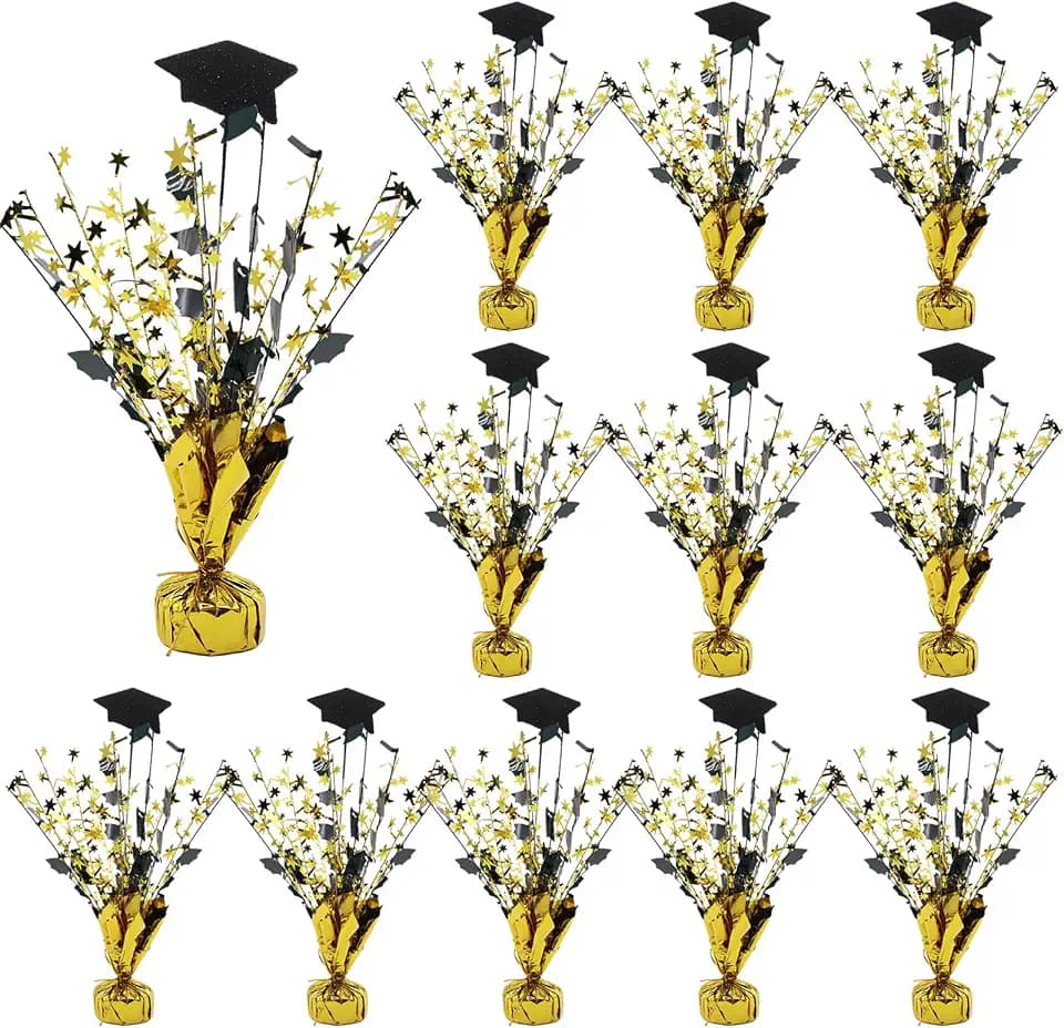 12 Pack 2026 Graduation Table Centerpiece Party Decoration Metallic Foil Spray Glitter Graduate Cap Decor Black and Gold Star Table Top for Graduation Parties Grad Ceremonies Party Favor