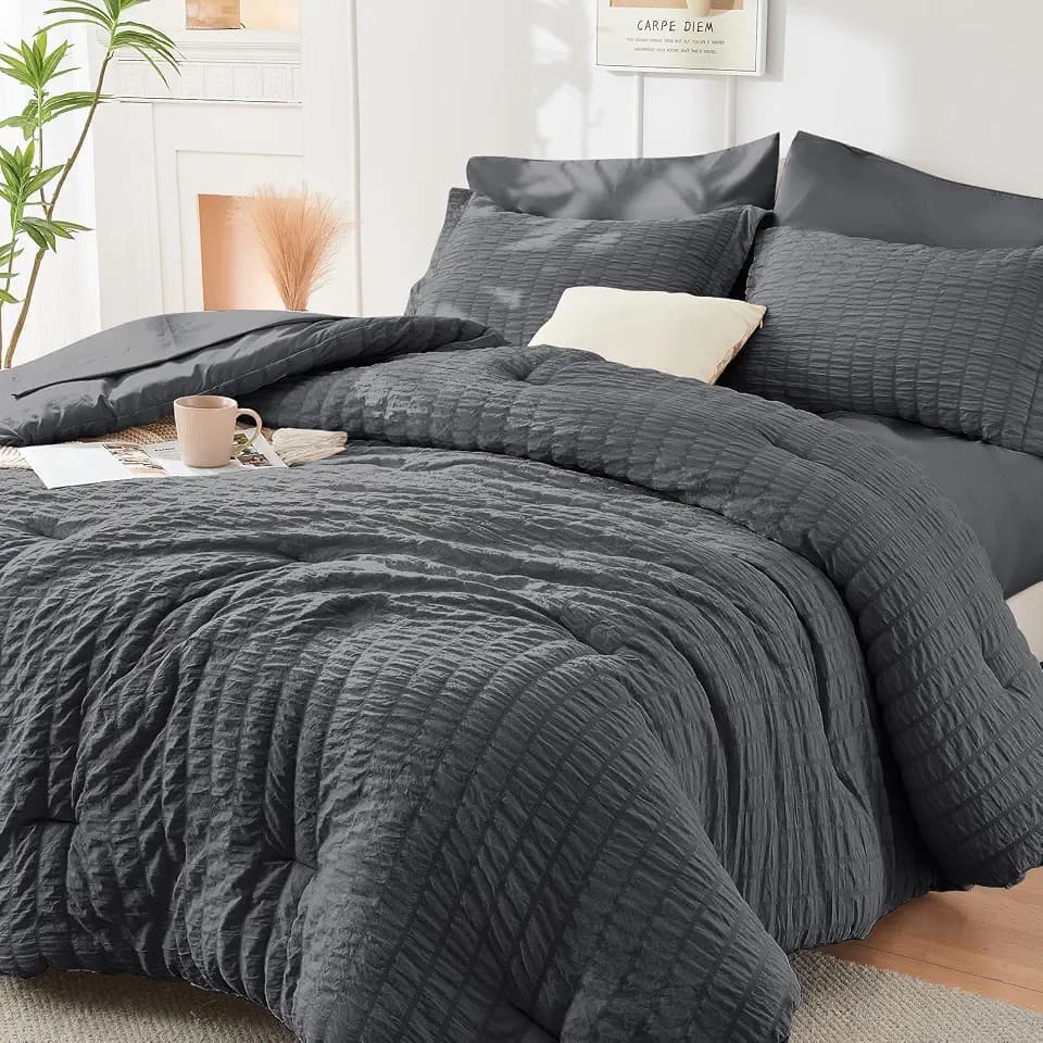 Twin XL Comforter Set - 5PCS Seersucker Bed in a Bag, Bedding Set Dark Grey