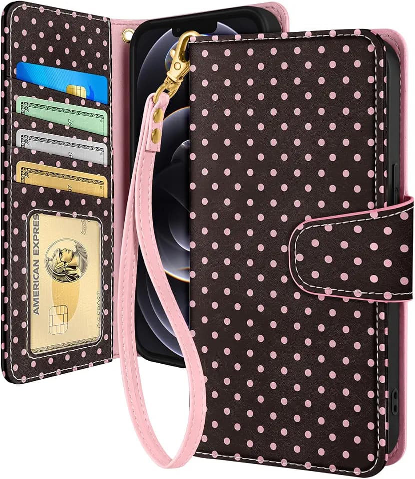 Toycamp for iPhone 12 Pro Wallet Case, Leather Flip Cover, Brown Polka