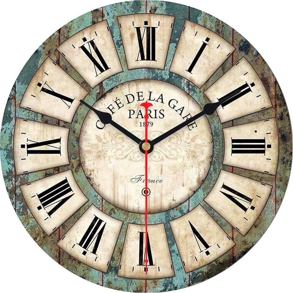 VIKMARI Horloge Murale Vintage 30 cm, Silencieuse Avec Chiffres Romains, Café de Paris, Style Campagnard Français Rétro, Décorative Pour Salon, Cuisine, Chambre, Salle de Bain, Bureau, Café