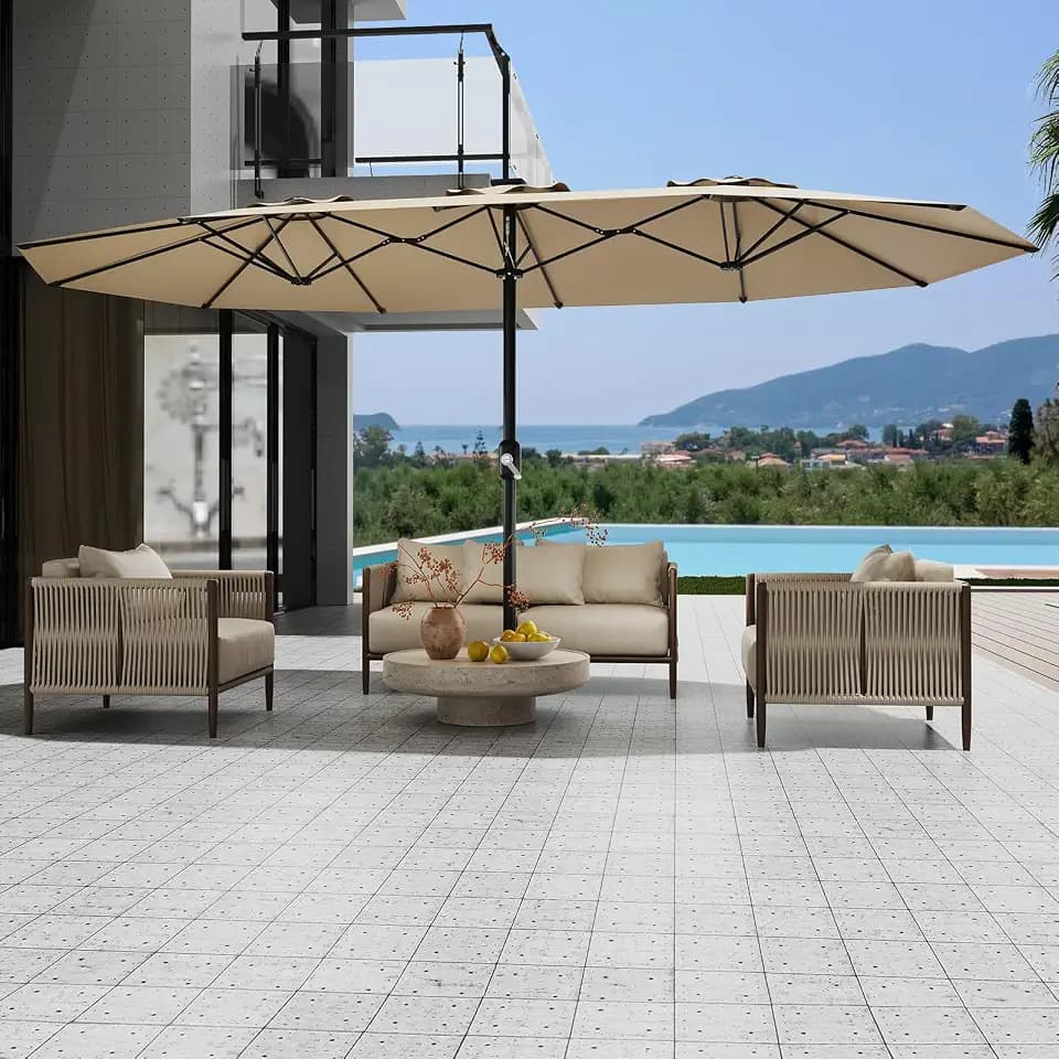 13 FT Outdoor Umbrella, Large Double-Sided Rectangle Patio Market Umbrellas, Fade Resistant Waterproof Canopy, Crank Handle, Heavy Duty Table Umbrella Pool Umbrellas for Deck Garden Backyard