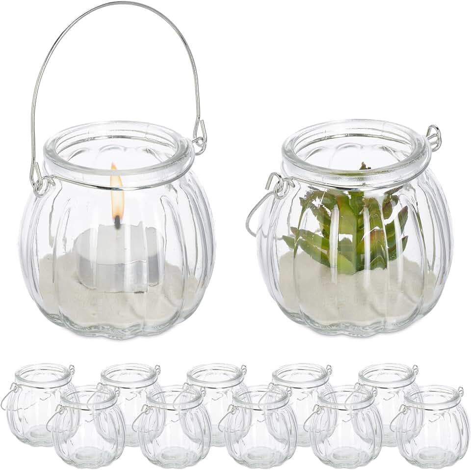 Relaxdays Windlicht Glas, 12er Set, Teelichthalter mit silbernem Henkel, HxD: 7,5 x 8 cm, Kerzenglas, rund, transparent