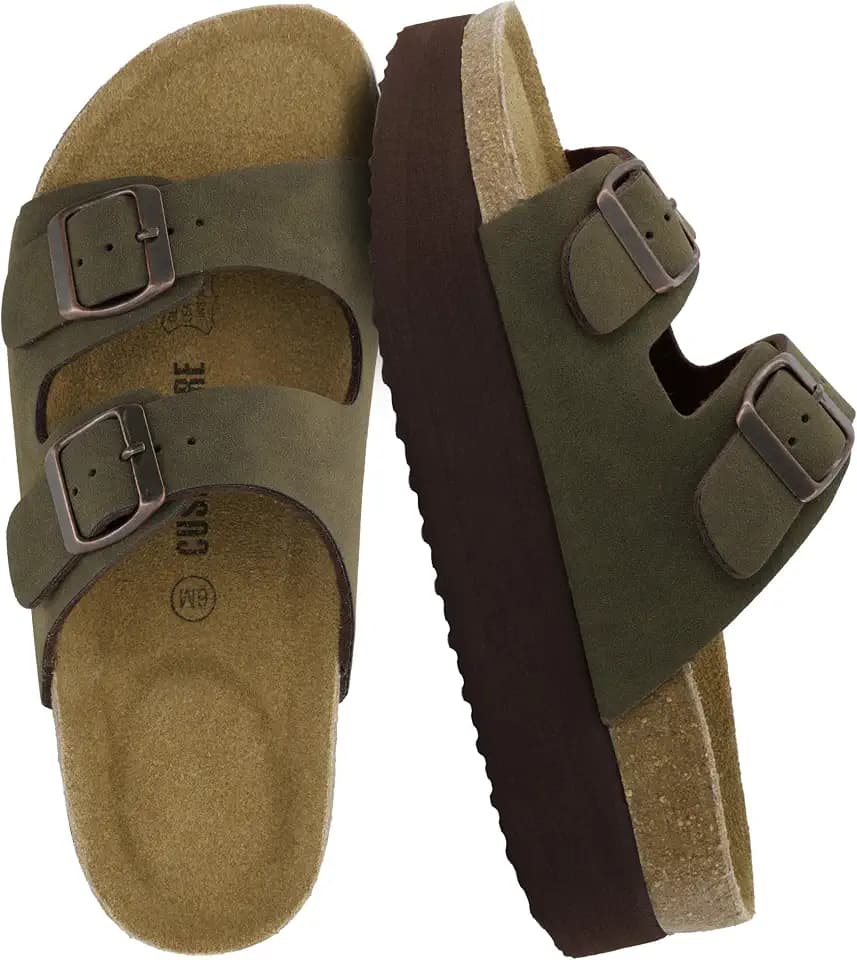 CUSHIONAIRE Plane Platform Sandals for Women with Adjustable Buckles and Genuine Suede Cork Footbed, Memory Foam, Wide Widths Available