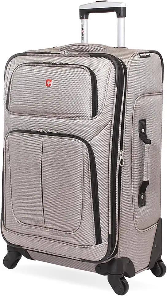 SwissGear Sion Softside Expandable Luggage – Medium Checked Suitcase with 360 Degree Wheels & Retractable Handle – 25 Inch, Perfect for 1-7 Night Trips – Pewter