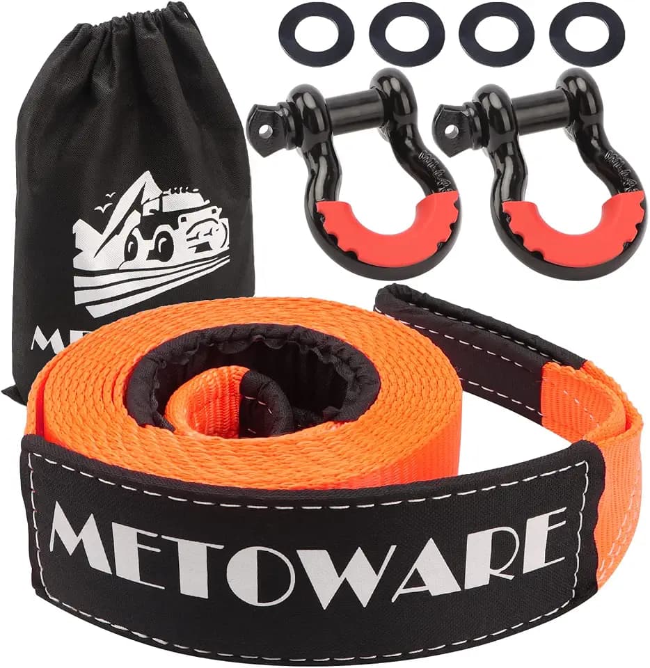 METOWARE Heavy Duty Tow Strap Recovery Kit with D Ring Shackle, 3" x 20ft