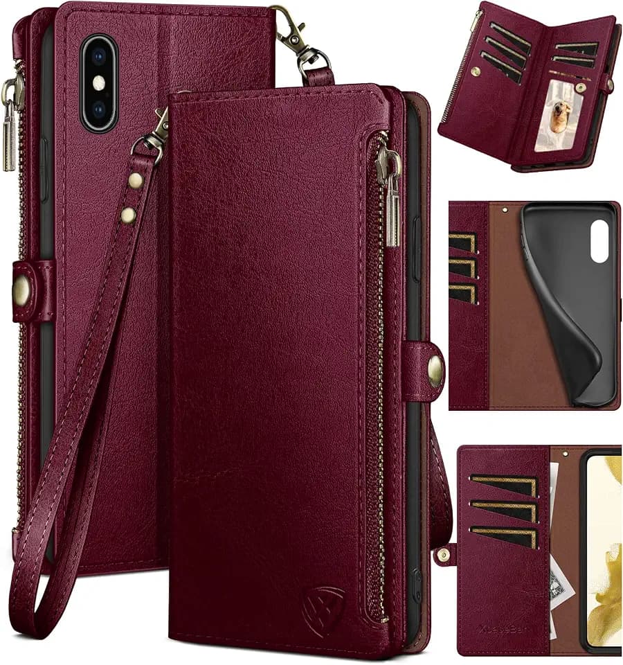 XcaseBar for iPhone X/XS Wallet case with Zipper Credit Card Holder【RFID Blocking】, Flip Folio Book PU Leather Phone case Shockproof Cover Women Men for iPhone X/XS case Wine Red