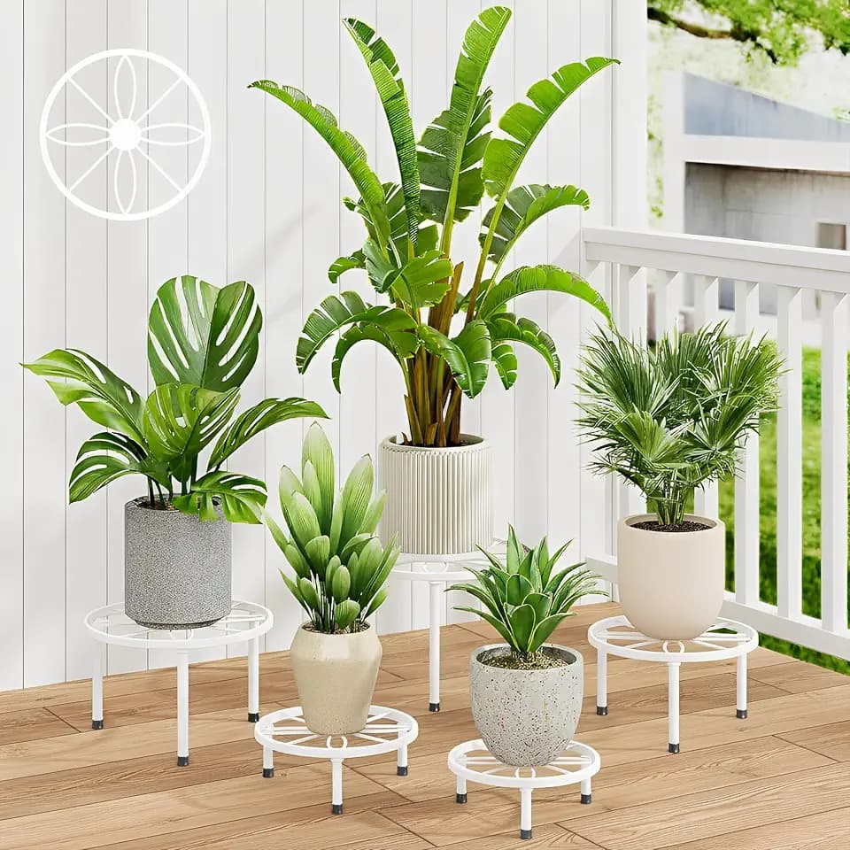 5 Pack White Metal Outdoor Plant Stands Plant Risers Patio(WhiteLeaf)
