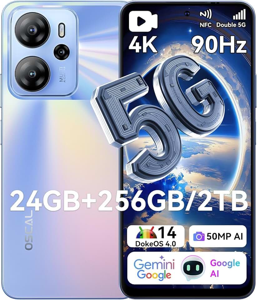 OSCAL Tiger 13 5G Handy ohne Vertrag Gemini AI 24GB+256GB/2TB, Android 14 Smartphone ohne Vertrag 90Hz 6.67" HD+, 50MP AI Kamera, 4K Video, 18W Schnellladung/5000mAh, Face ID/Fingerprint/OTG/NFC