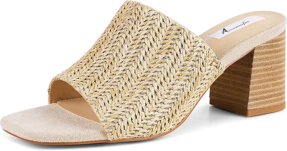 Ancomafio Heeled Sandals for Women，Raffia Sandals 2026 Chunky Heels Square Toe Mules Block Summer Shoes Slip On