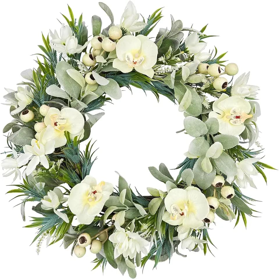 White Orchid Wreath for Front Door, 22 Inch Spring Summer Wreath with Soft Lamb's Ear and Cream Berries, Handcrafted Artificial Floral Wreath for Farmhouse, Indoor and Outdoor Year-Round Decor