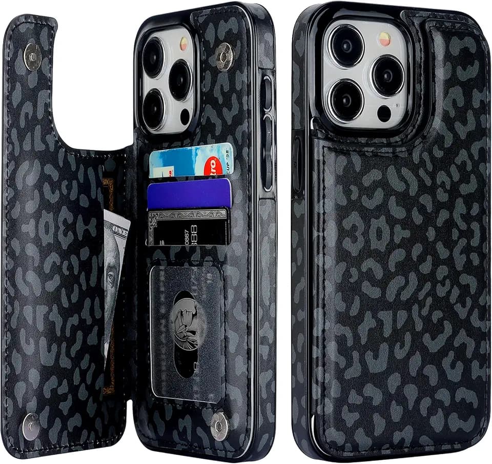 HAOPINSH Wallet Case with Card Holder for iPhone 15 Pro Max,Black Leopard