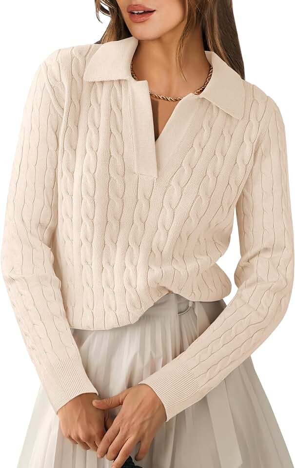 ANRABESS Womens Cable Knit Sweaters Long Sleeve Polo Fall Outfits