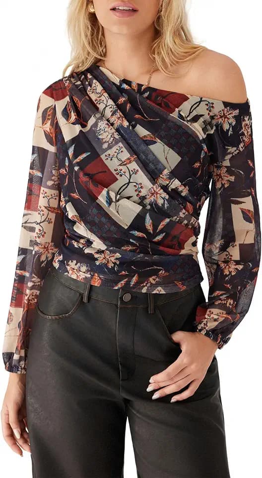 CIDER One Shoulder Mesh Top - Women Going Out Asymmetrical Long Sleeve Ruched Sheer Blouse