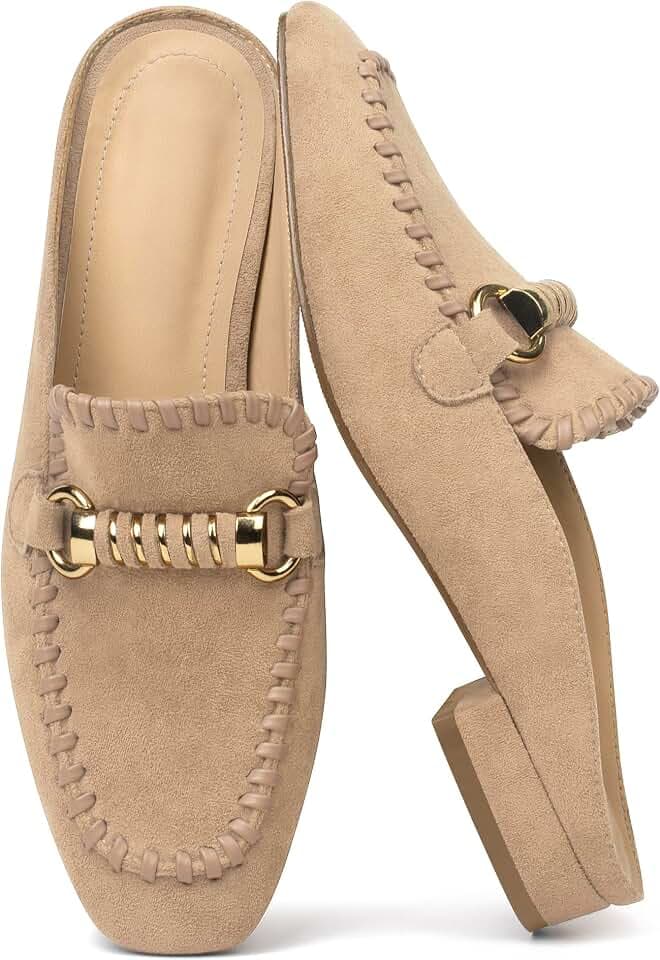 Mules for Women Flats Loafers Low Heeled Buckle Suede Square Toe Slip On Backless Slides Business Work Office Casual