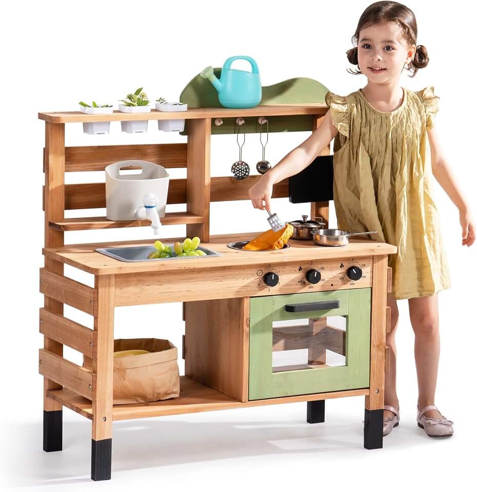 OBOTIME Große Outdoor Matschküche aus Holz für Kinder ab 3 Jahre